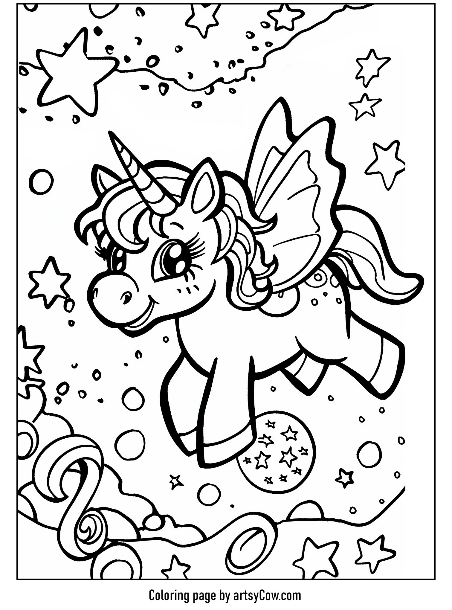 a charming unicorn with fairy wings amidst stars and clouds